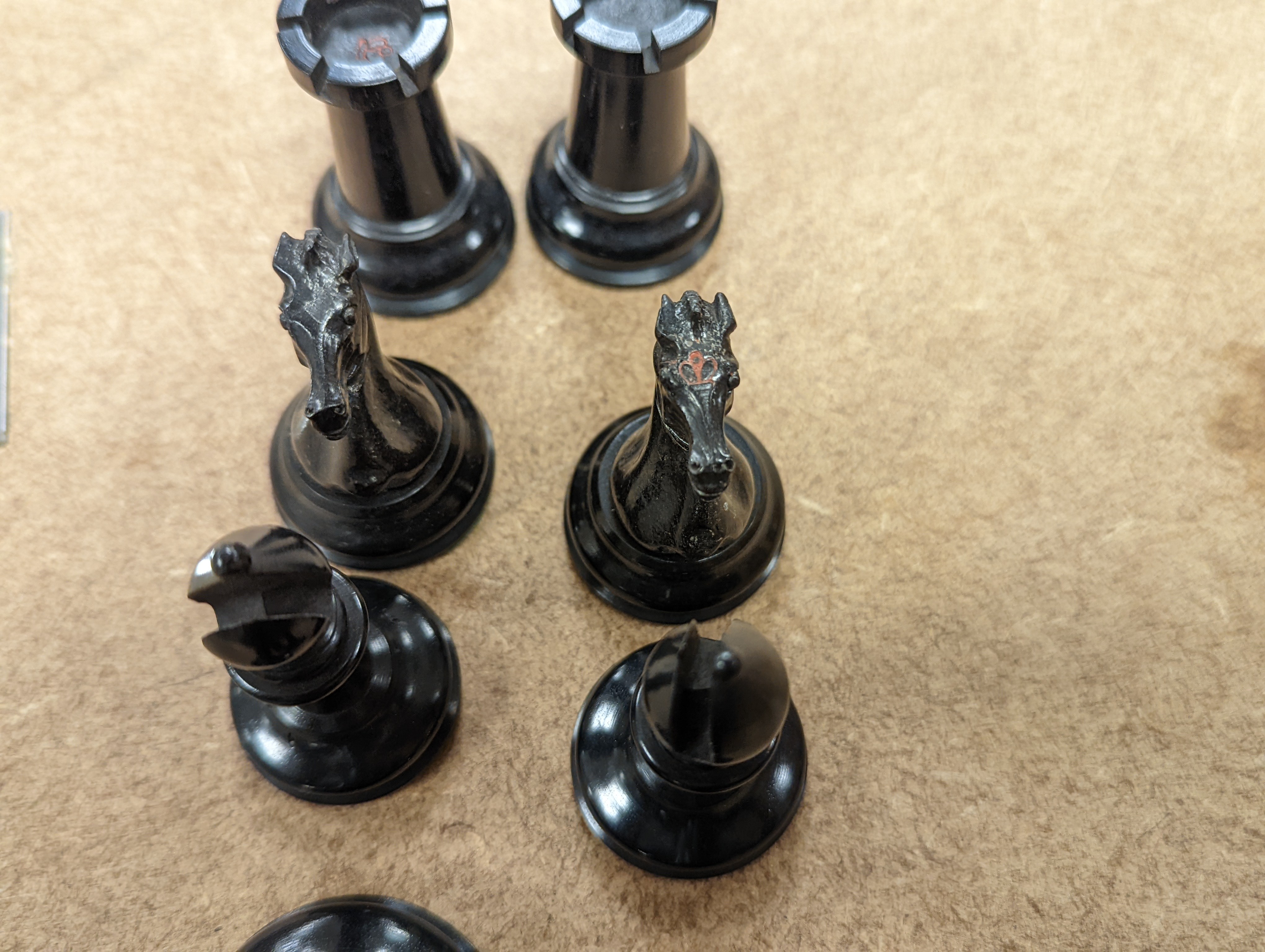 A boxed Jaques Staunton boxwood and ebony chess set, White king stamped Jaques London, 8.5cm high